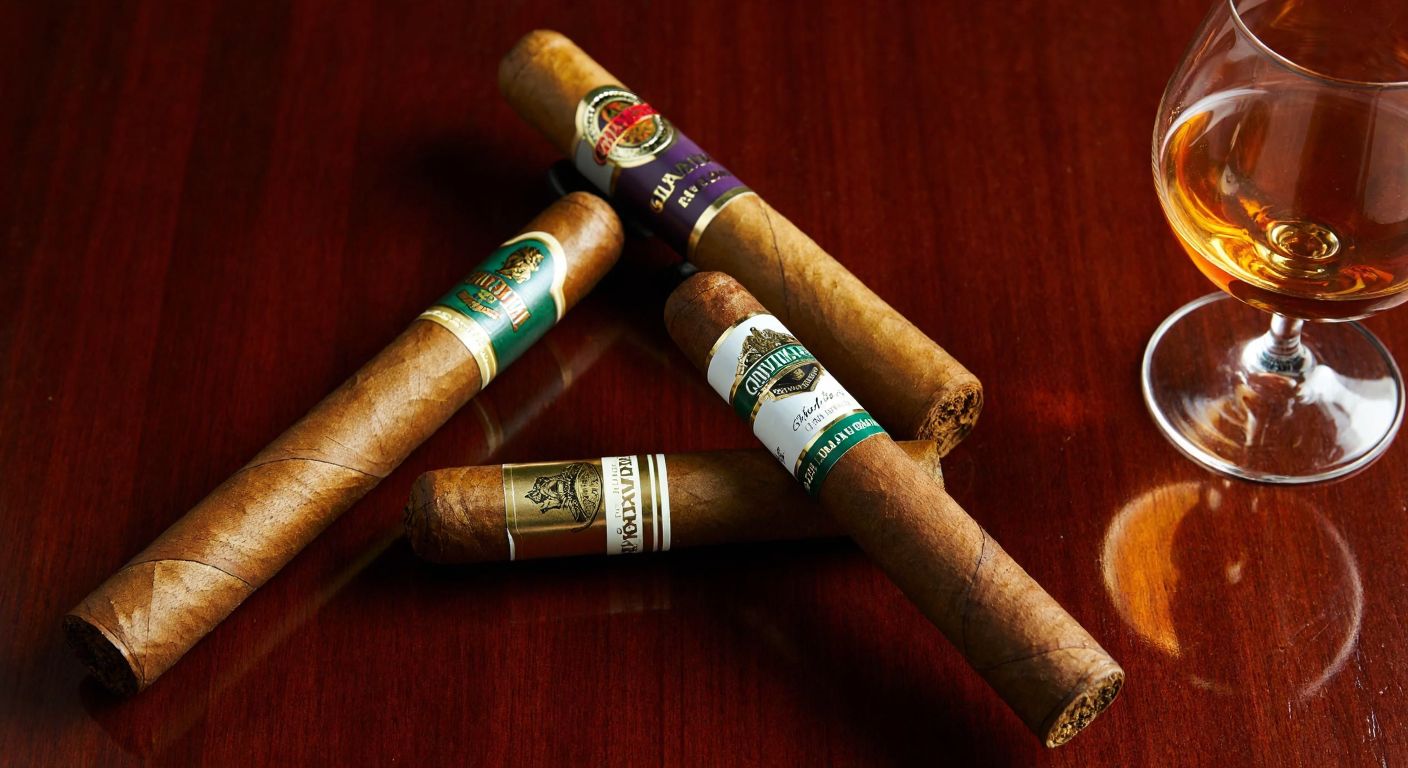 A richly polished wooden table displays four distinct Gurkha cigars—each with unique wrappers and bands—resting beside a glass of amber cognac, evoking luxury and refined taste.