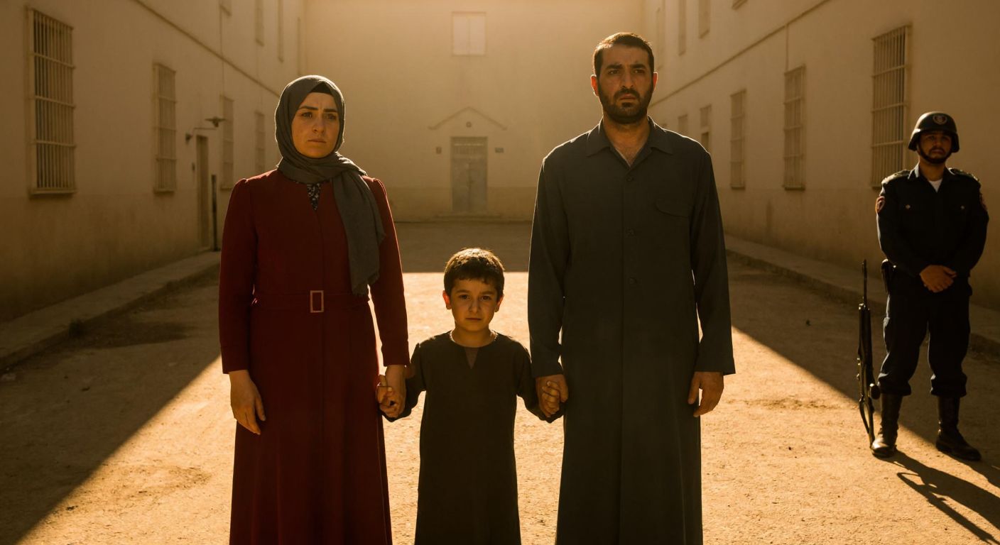 A solemn Turkish family of two adults and a child, dressed modestly, stands in a sunlit prison courtyard, their faces a mix of hope and sadness, with a guard discreetly observing nearby.