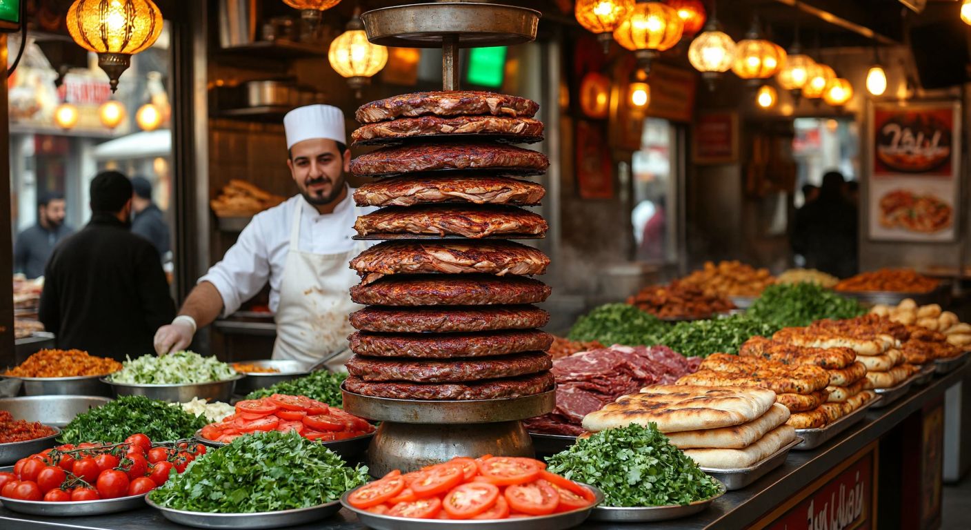 A bustling Turkish street food scene with a multi-tiered wooden döner stand displaying stacked layers of rotating meat, surrounded by vibrant trays of fresh garnishes and warm bread, with a vendor in a white apron serving customers under the glow of hanging lanterns.