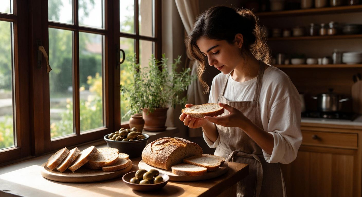 A warm Turkish kitchen with a wooden table displaying slices of whole wheat, rye, and oat bread alongside a small bowl of olives, while a person in casual homewear thoughtfully examines a piece of tanecik ekmeği with a curious expression.