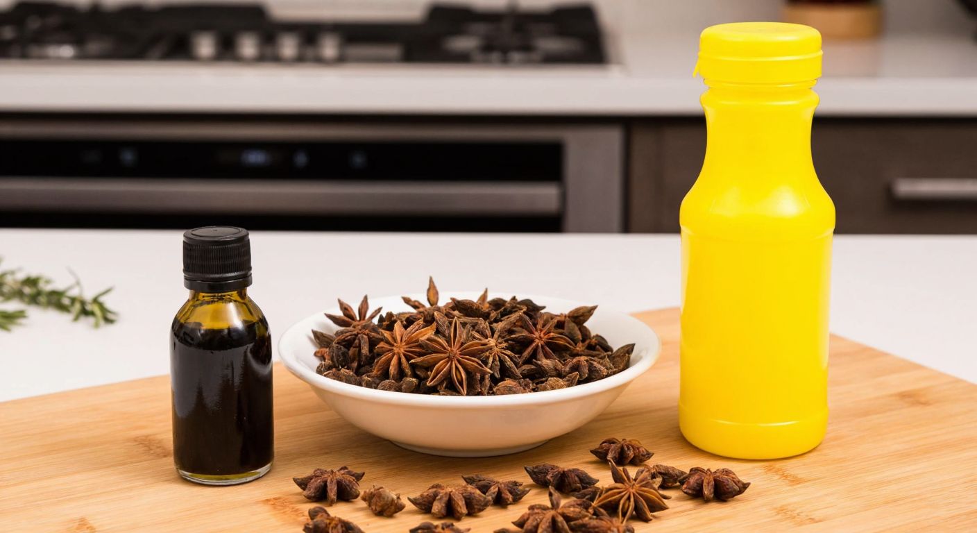 A Turkish kitchen counter with a small bottle of dark anise oil next to a bowl of fresh anise seeds, contrasting with a bright yellow bottle of artificial anise flavoring.