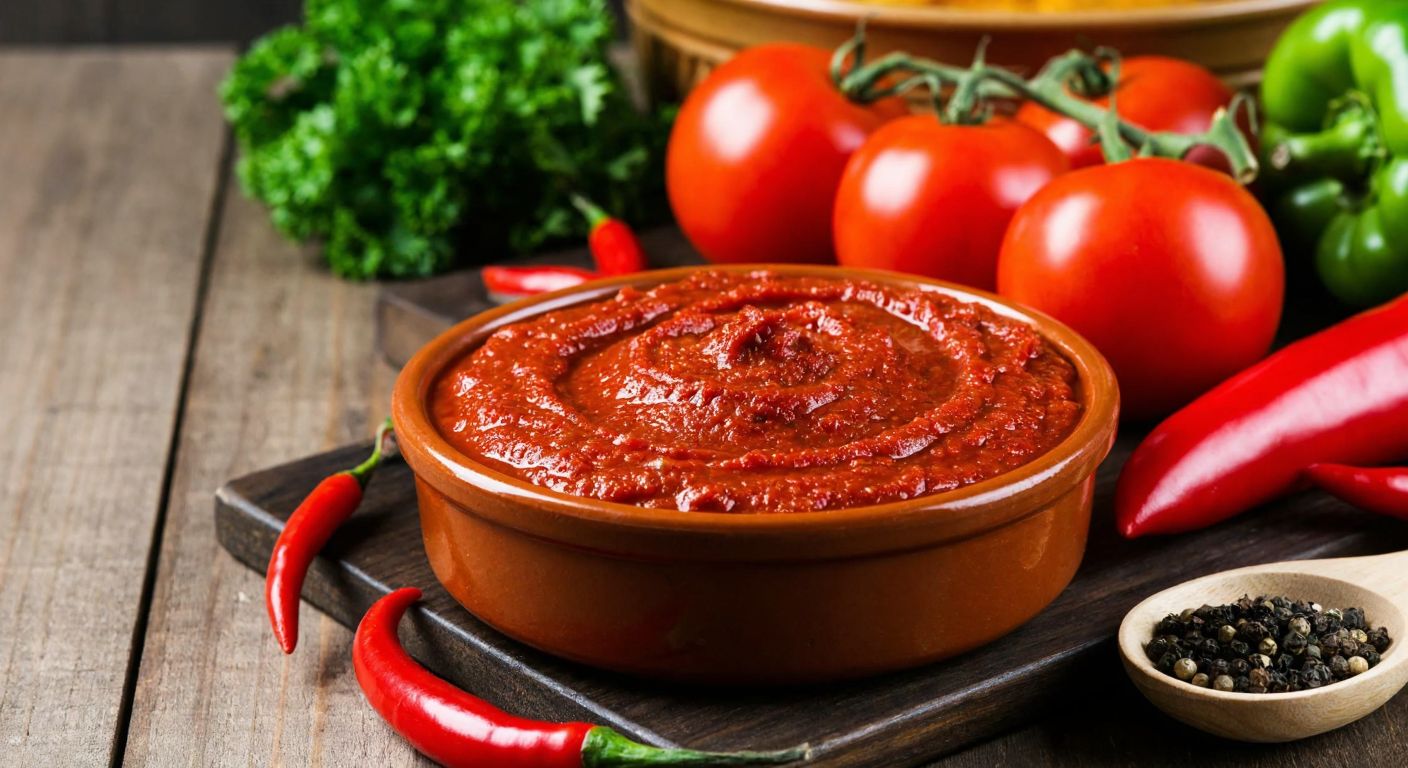 A rustic Turkish kitchen with a wooden table displaying a vibrant mix of red tomato and dark red pepper paste in a clay bowl, surrounded by fresh tomatoes and peppers, evoking warmth and tradition.