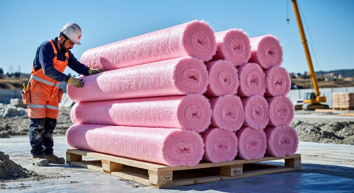 A neatly stacked pile of thick, fluffy pink insulation material (cam yünü) on a wooden pallet in a sunny Turkish construction site, with a worker in a hard hat and overalls measuring the area with a tape.