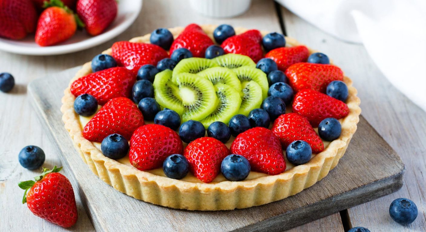A colorful tart with fresh strawberries, kiwi, and blueberries arranged in a circular pattern on a golden-brown crust, placed on a rustic wooden table in a cozy Turkish kitchen.