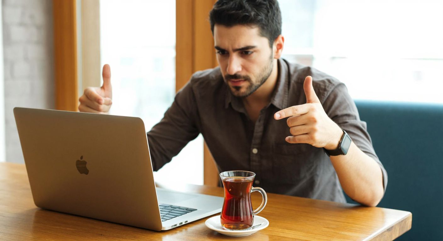 A focused Turkish man in a casual shirt sits at a wooden table with a laptop, a steaming cup of Turkish tea beside him, while gesturing toward the screen with a determined expression.