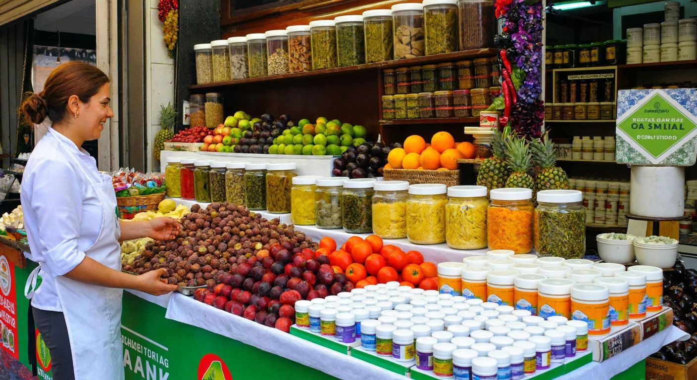 A vibrant Turkish market stall overflowing with colorful jars of herbal supplements, fresh fruits, and neatly arranged bottles of dietary supplements, with a smiling vendor in a white apron offering a sample to a curious customer.