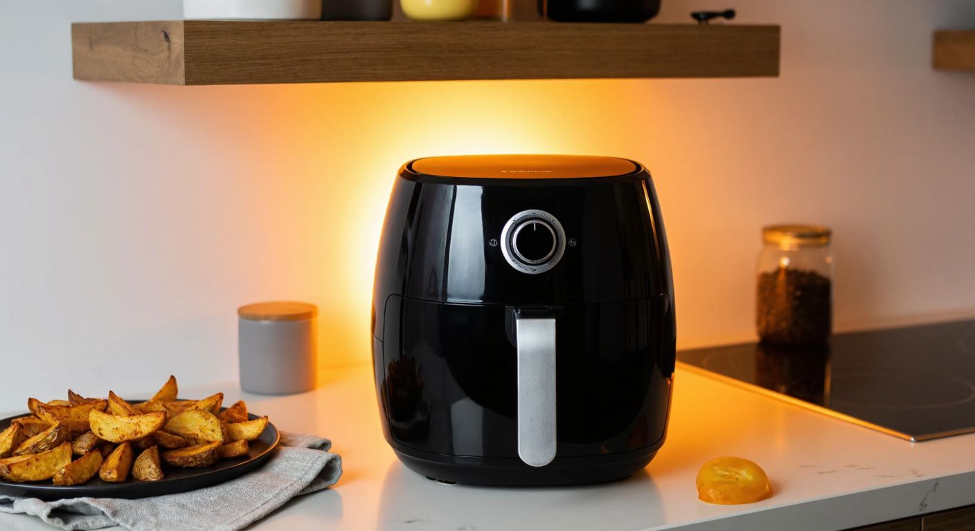 A modern air fryer on a Turkish kitchen counter, glowing warmly as it circulates hot air around golden, crispy potato wedges inside.