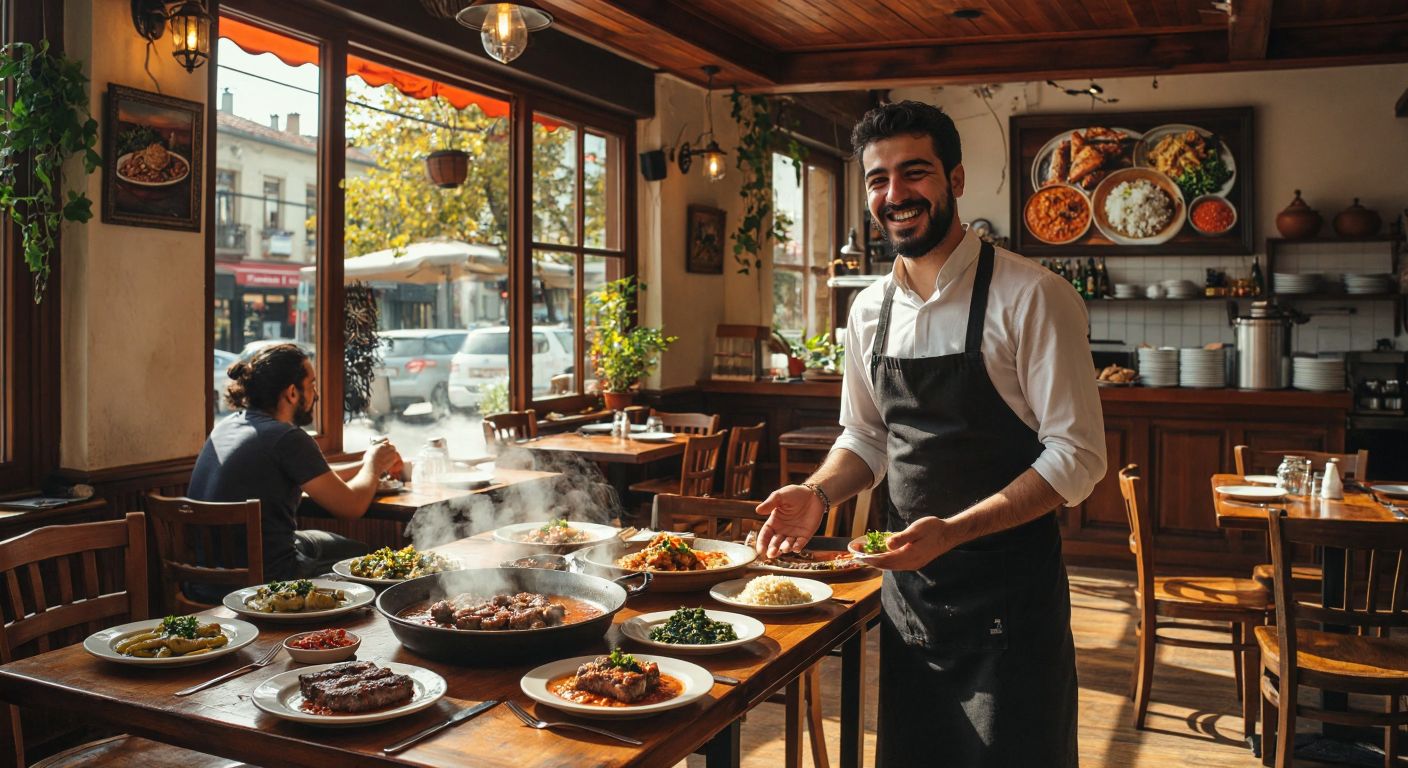 A cozy Turkish lokanta with wooden tables, steaming plates of traditional dishes like kebabs and lentil soup, and a smiling waiter shaking his head politely in response to a customer's question.