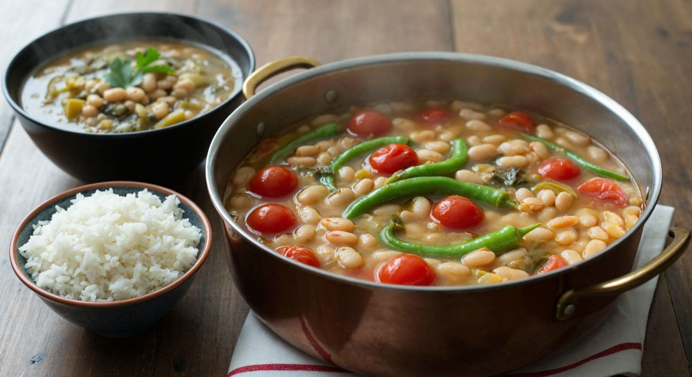 A steaming pot of small, tender navy beans simmering in a light broth with fresh tomatoes and green peppers, set on a rustic wooden table beside a simple ceramic bowl of plain rice, evoking the humble yet comforting essence of traditional Turkish sailor’s bean stew.