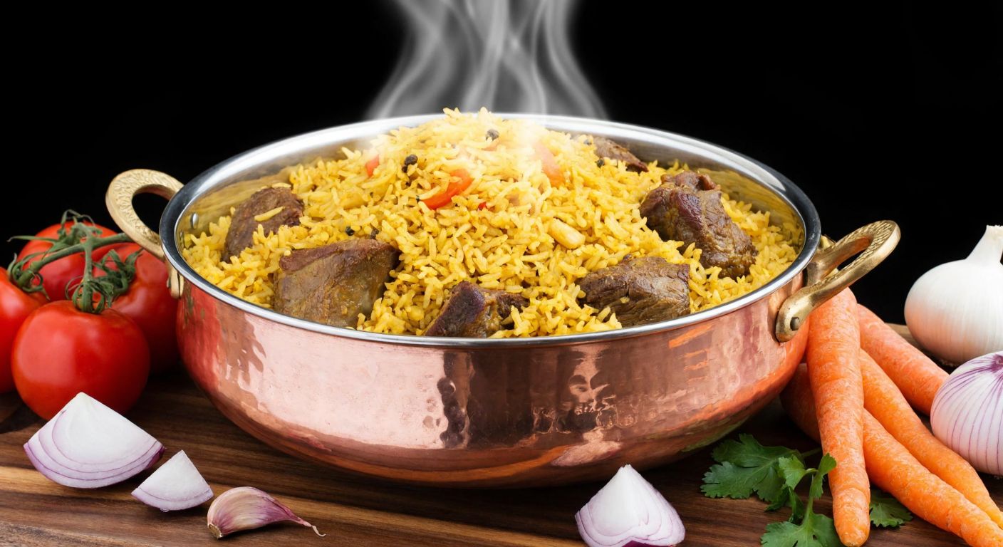 A steaming copper pot filled with golden rice and tender lamb pieces, garnished with aromatic spices and surrounded by fresh onions, tomatoes, and carrots, evoking the rich flavors of Middle Eastern cuisine.