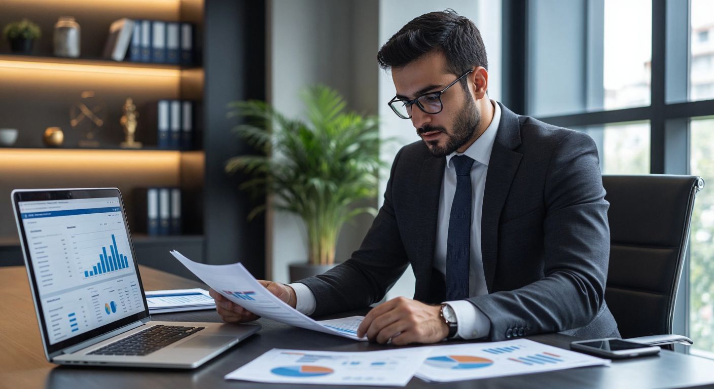 A sleek, modern office in Istanbul with a Turkish financial analyst in a sharp suit reviewing investment documents, surrounded by charts and a laptop displaying fund performance graphs.