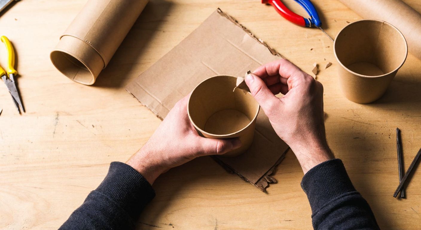 A pair of hands carefully shaping a cardboard sheet into a cup mold on a wooden workshop table, with scattered tools and a finished cardboard cup nearby.