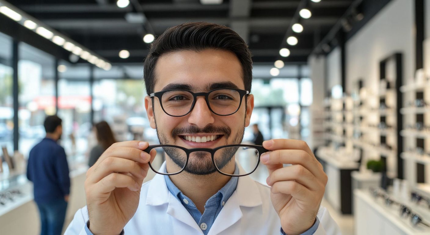A sleek, modern pair of TR90 eyeglasses being gently bent by a smiling Turkish optician in a bright, bustling Istanbul eyewear shop, demonstrating their flexibility without breaking.