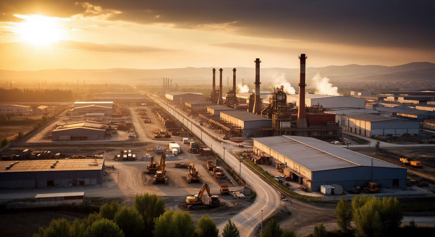A vast industrial landscape in Adana under a bright sky, with factories and construction machinery stretching into the distance, symbolizing expansion and development.