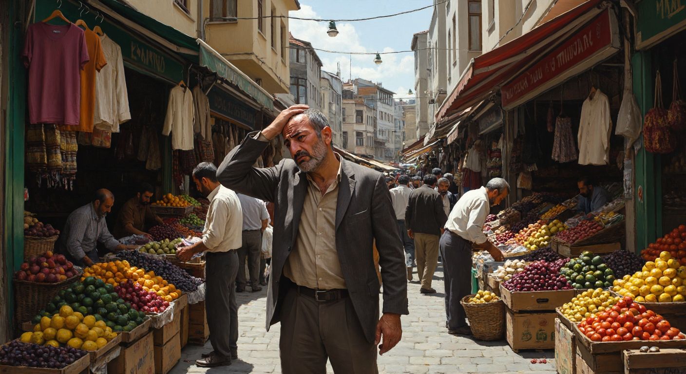 A Turkish man in a bustling marketplace scratching his head in confusion while vendors around him actively move goods and engage in lively trade.
