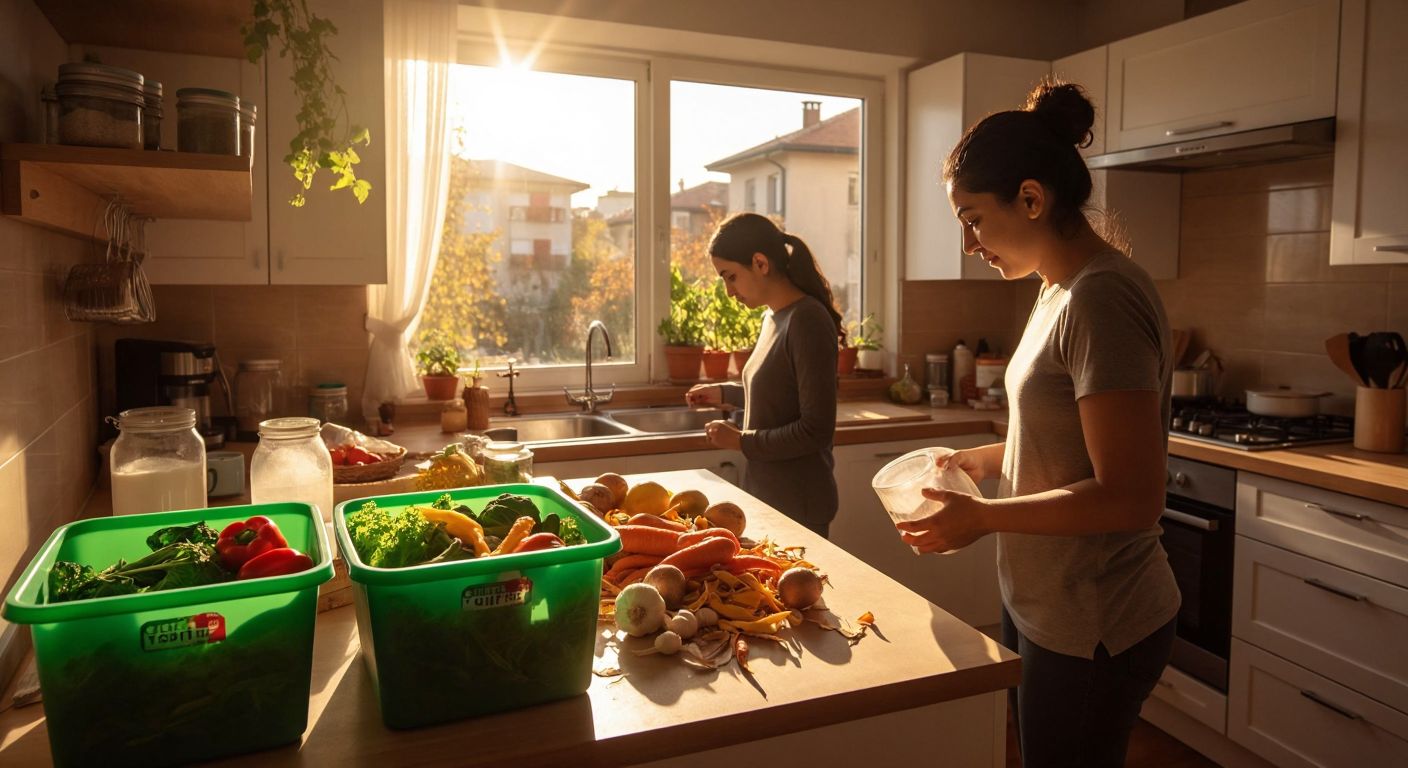 A Turkish family in a cozy kitchen separates paper, plastic, and glass into labeled bins while a compost box filled with vegetable peels sits on the counter, with sunlight streaming through the window.