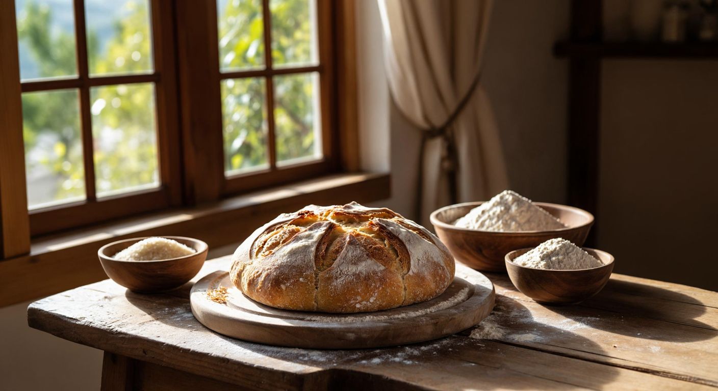 A rustic wooden table in a sunlit Turkish kitchen holds a round loaf of golden-brown Siverek bread, its crust dusted with flour, next to two small bowls of mixed hard and soft wheat flour.
