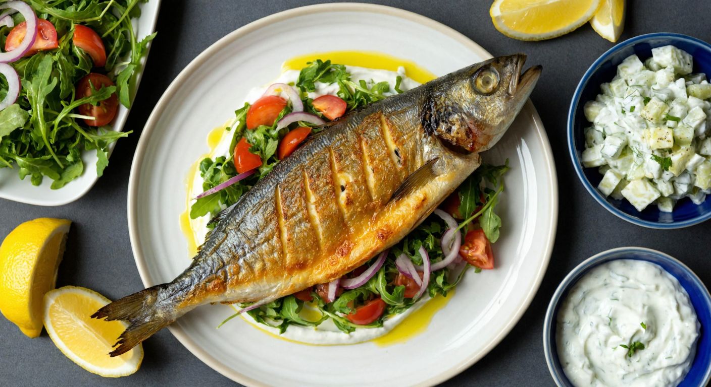 A golden-brown baked palamut fillet on a white ceramic plate, surrounded by vibrant side dishes: a fresh arugula salad with lemon wedges, a colorful onion-tomato salad drizzled with olive oil, creamy mashed potatoes, a bowl of cool cucumber-yogurt cacık, and a small dish of lemon slices.