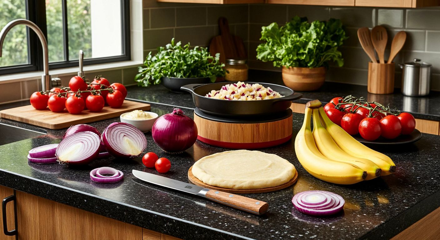 A bright Turkish kitchen countertop displays a practical vegetable chopper, a cherry pitter, an onion slicer, a banana cutter, and a dough spreader neatly arranged beside fresh ingredients like tomatoes, cherries, and dough.
