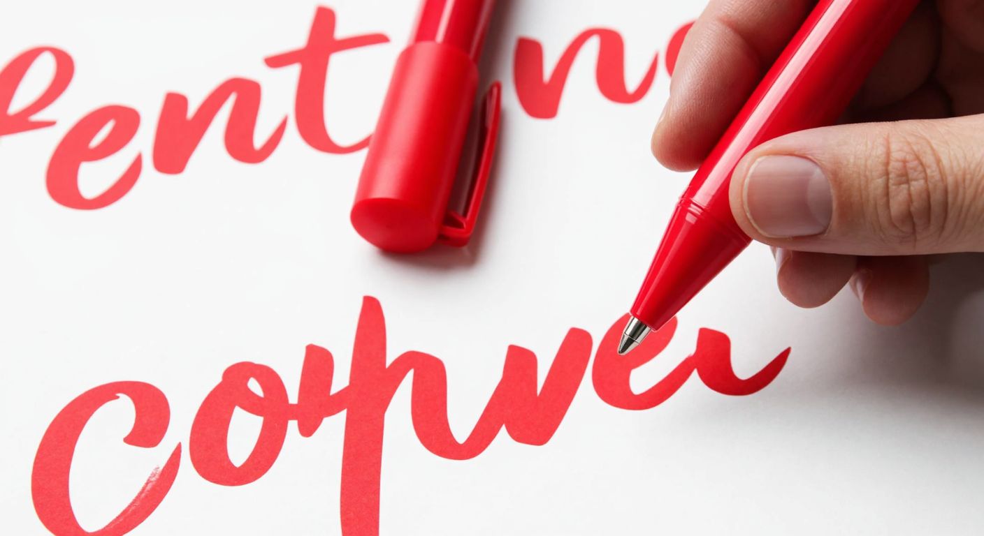 A close-up of a hand holding a red highlighter and a red ballpoint pen against a white paper with bold red marks and neat cursive writing.
