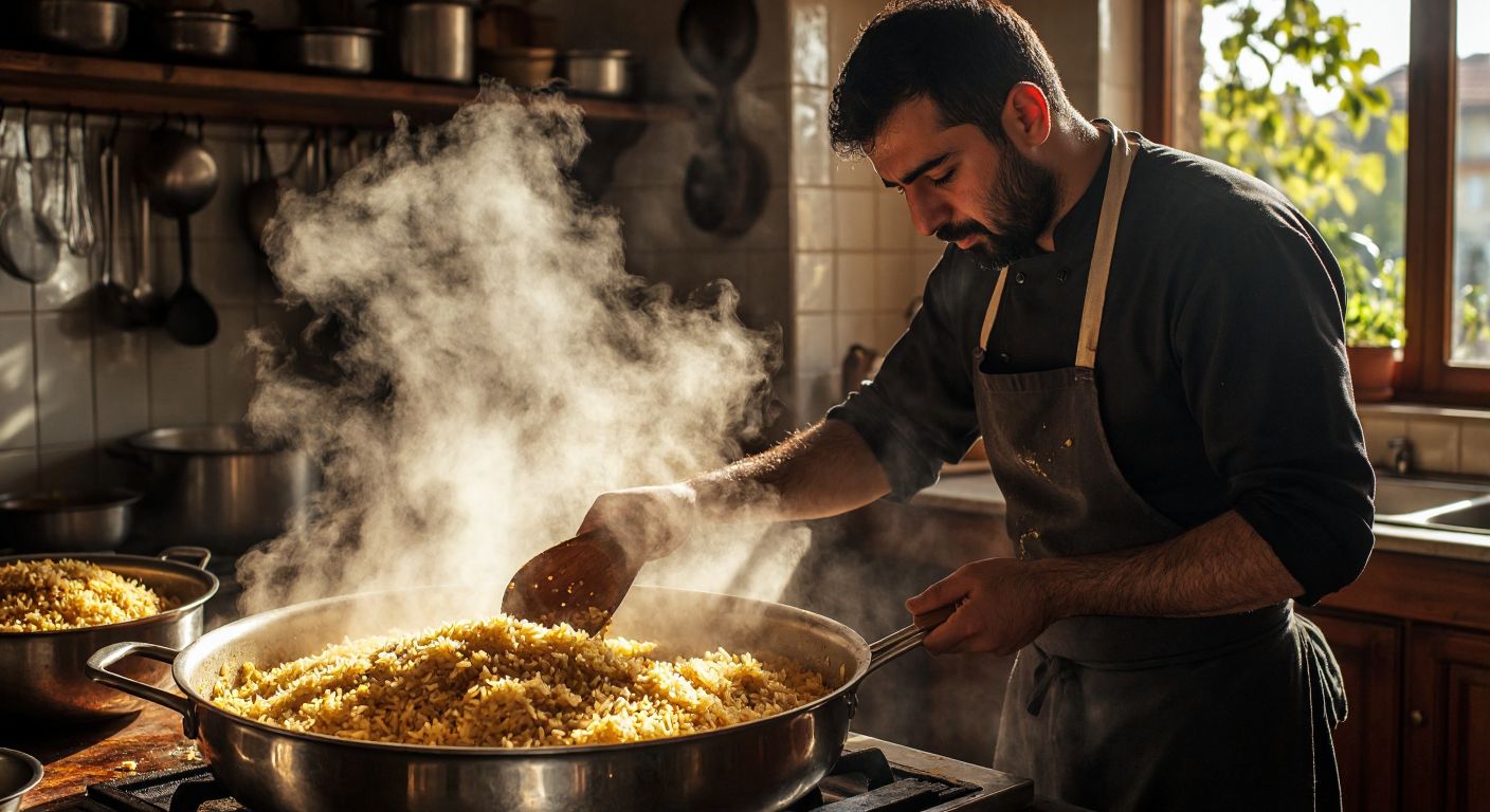 A Turkish cook in a sunlit kitchen carefully stirs a pot of golden, fluffy rice pilaf with a wooden spoon, their brow slightly furrowed in concentration as steam rises from the perfectly separated grains.