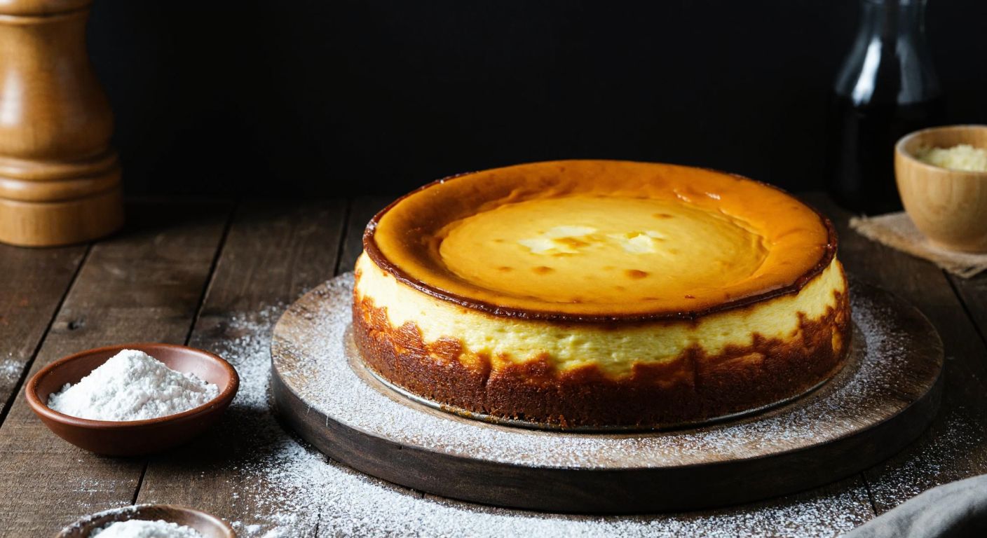 A golden, creamy San Sebastian cheesecake sits on a rustic wooden table in a Turkish kitchen, with a small bowl of powdered sugar beside it and a dusting of flour on the counter.