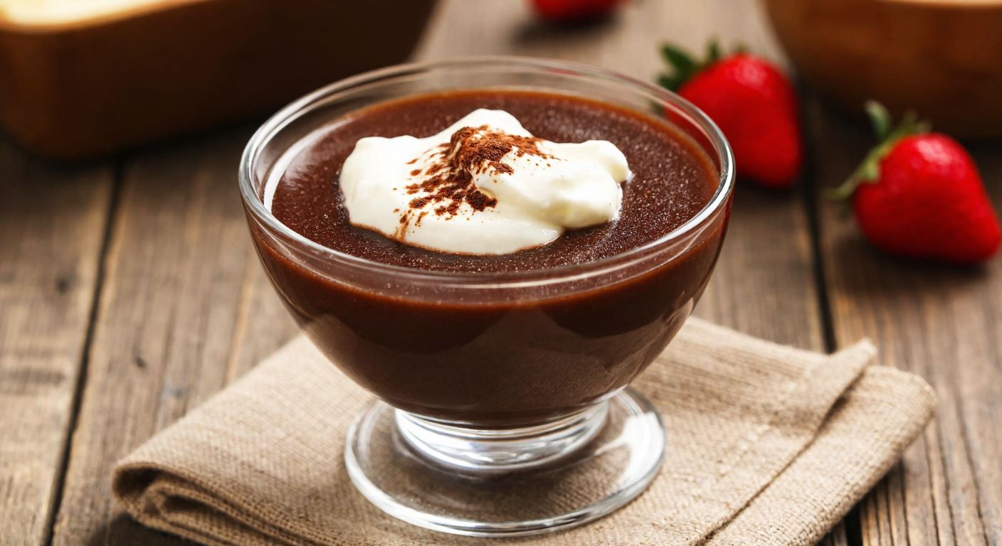 A warm, velvety chocolate supangle dessert in a small glass bowl, topped with a dollop of fresh cream and a sprinkle of cocoa powder, placed on a rustic wooden table in a cozy Turkish kitchen.