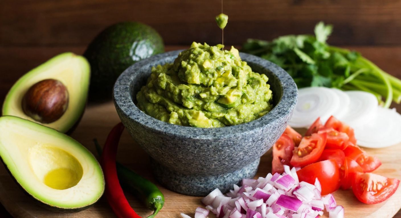A rustic wooden table holds a vibrant green guacamole in a stone mortar, surrounded by fresh ingredients—ripe avocados, diced tomatoes, chopped onions, and spicy peppers—with a drizzle of olive oil glistening on top.