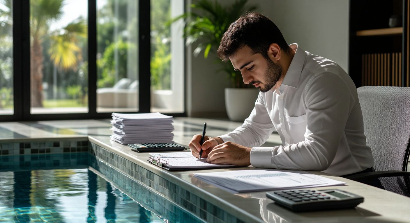 A Turkish accountant in a bright office meticulously writes in a ledger beside a small indoor pool, with stacks of receipts and a calculator nearby, reflecting diligent financial tracking.