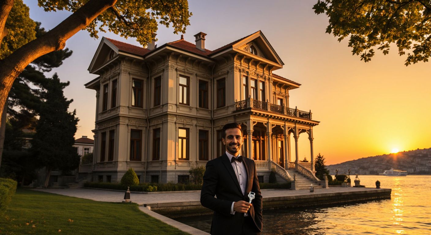 A grand Ottoman-era waterfront mansion with ornate wooden details and a red-tiled roof, nestled along the Bosphorus under a golden sunset, with a wealthy businessman smiling proudly as he holds a set of keys.