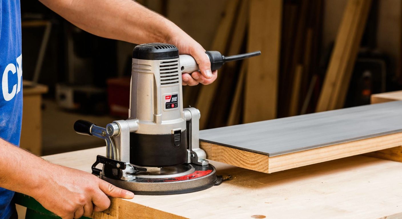 A sturdy power drill with a wooden plank and a metal sheet beside it, placed on a workbench in a Turkish workshop, with a craftsman's hands adjusting the drill's speed settings.
