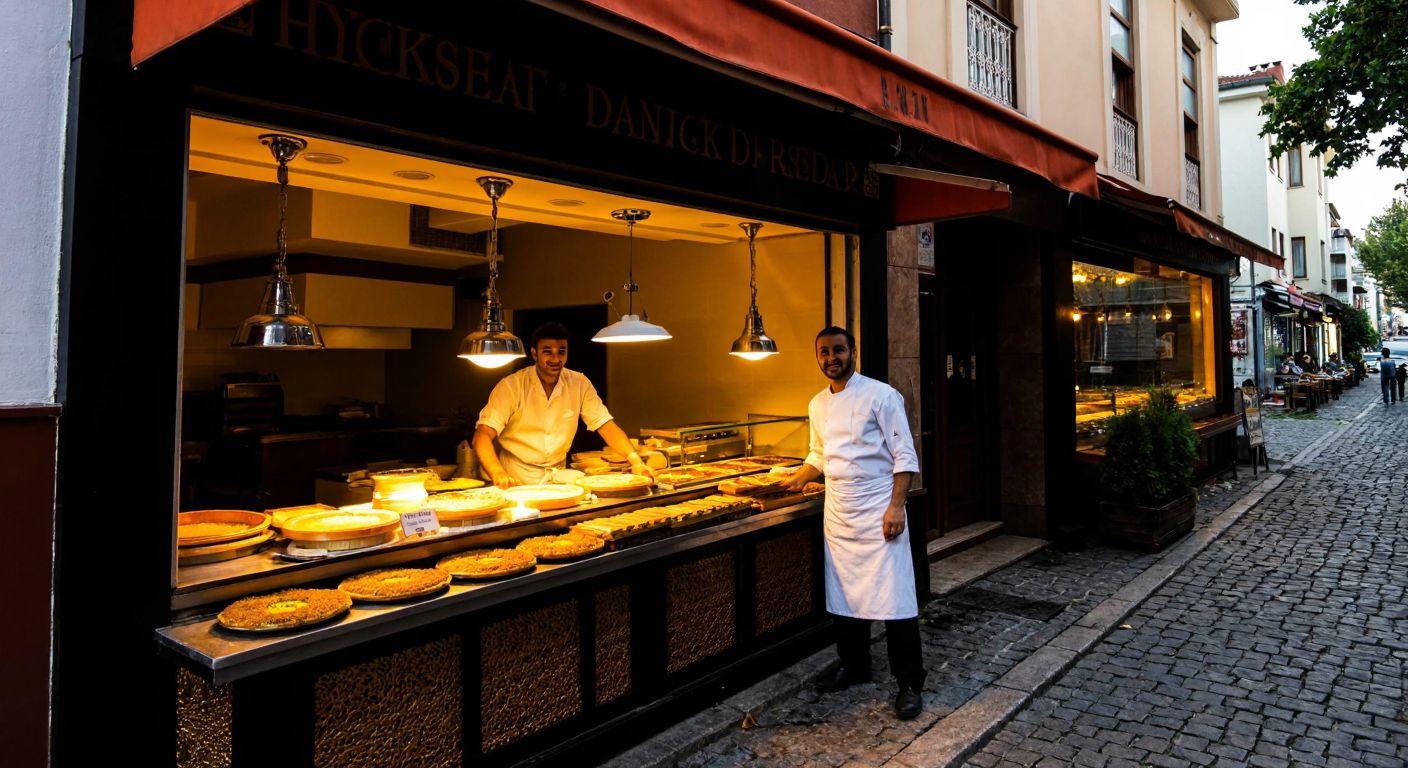 A cozy pastry shop with a warm golden glow, nestled on a cobblestone street in Üsküdar, its window displaying trays of baklava and künefe, with a smiling baker in a white apron arranging fresh simit.