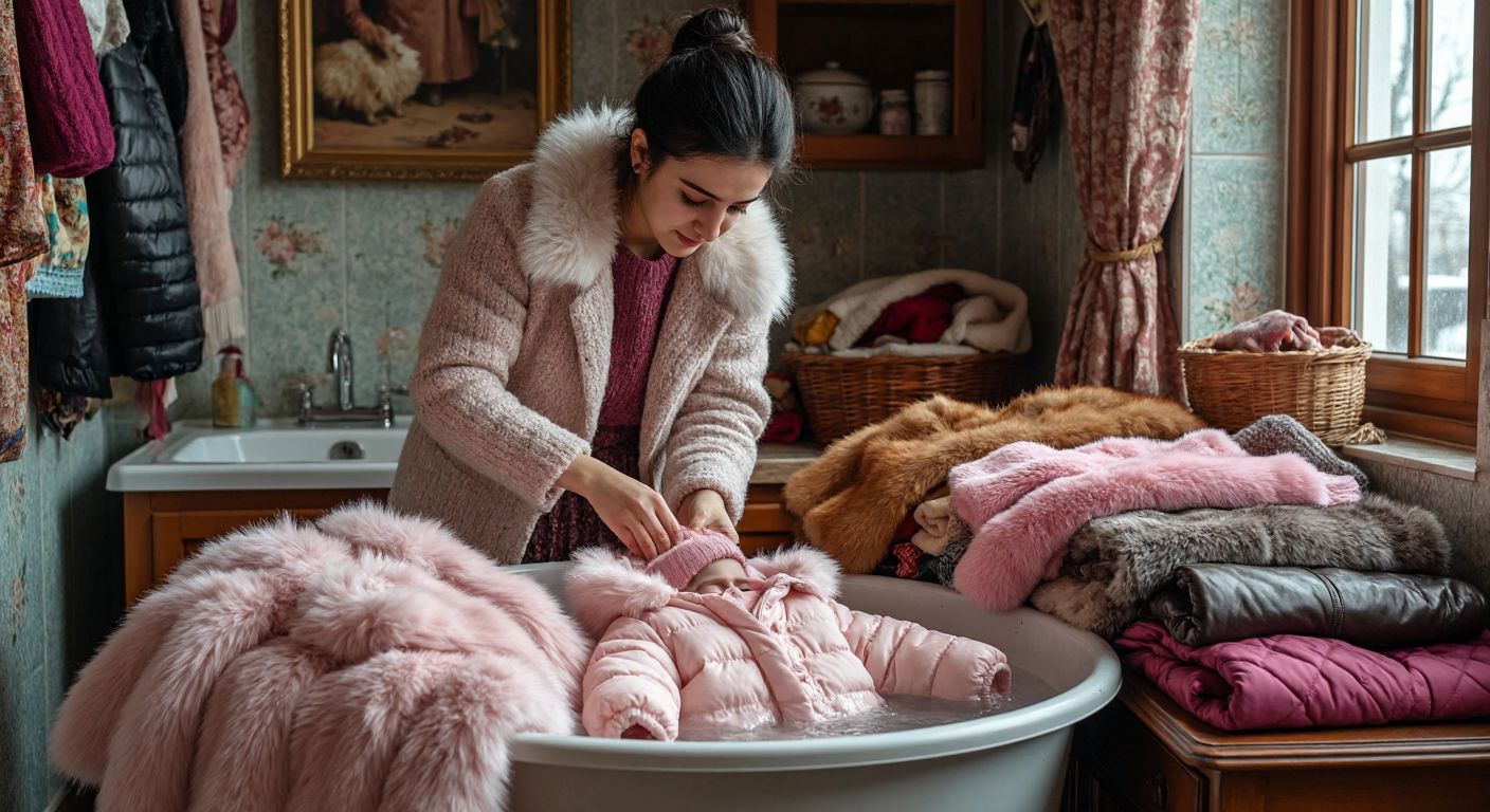A young mother in a cozy Turkish home carefully hand-washes a fluffy pink baby jacket in a basin of lukewarm water, while a pile of different winter coats—fur-trimmed, leather, and plush—lies neatly folded beside her.