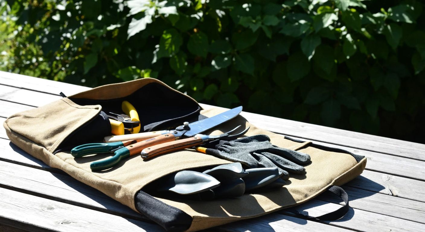 A sturdy canvas tool bag lies open on a sunlit wooden table, revealing neatly arranged gardening tools—pruning shears, a small saw, a grafting knife, gloves, and a sickle—against a backdrop of lush green foliage.