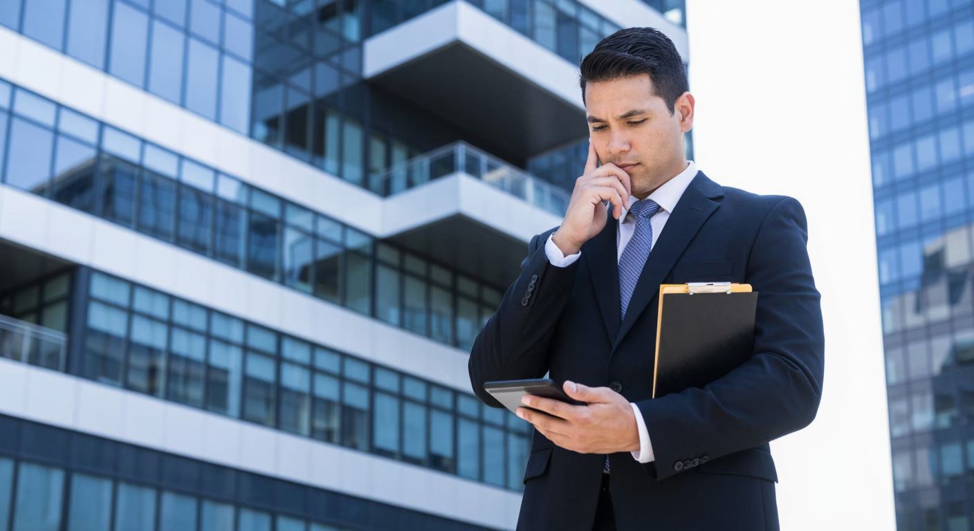 A businessman in a suit stands in front of a modern office building in Delaware, holding a calculator and a stack of documents, with a thoughtful expression as he reviews financial details.