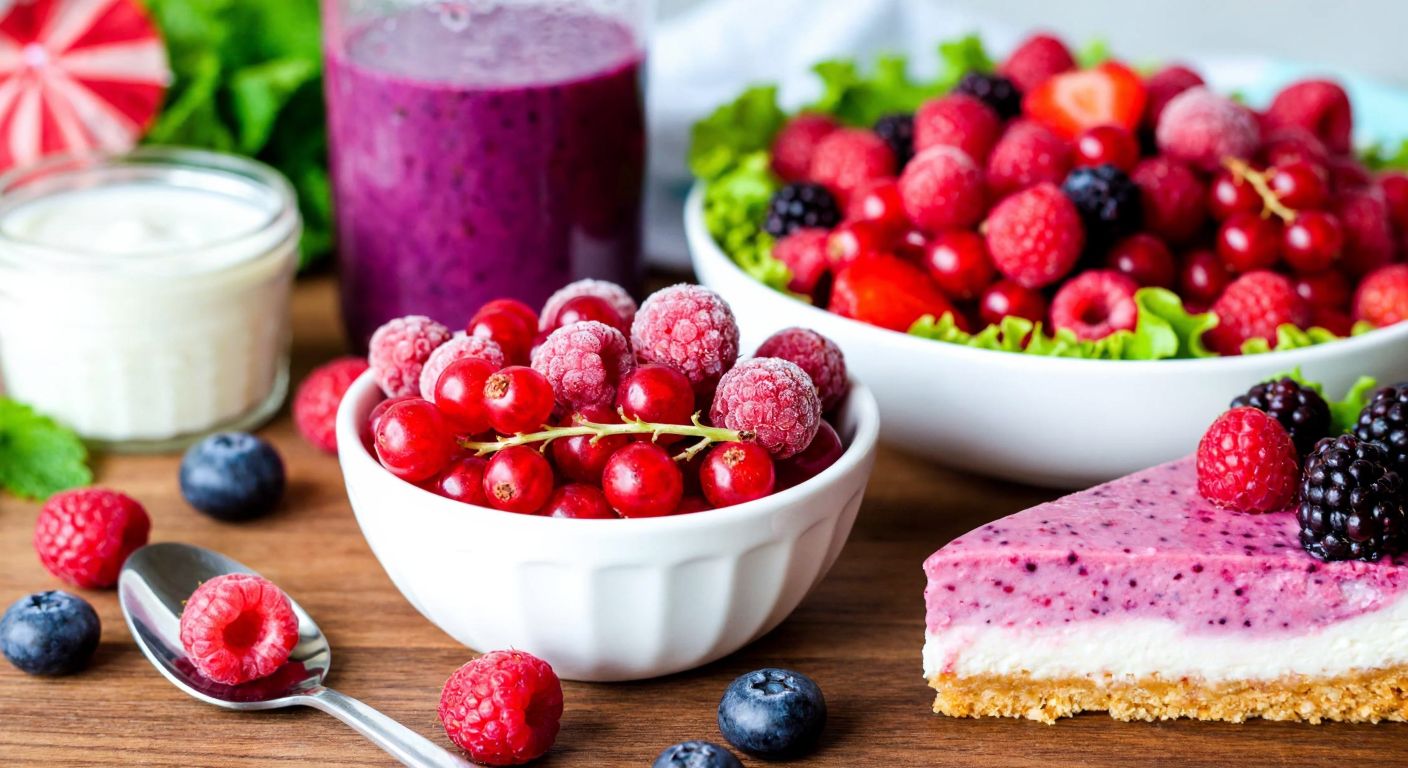 A vibrant Turkish kitchen scene with a bowl of frosty red currants on a wooden table, surrounded by fresh yogurt, a blender filled with a purple smoothie, a slice of cake topped with berries, and a colorful green salad.