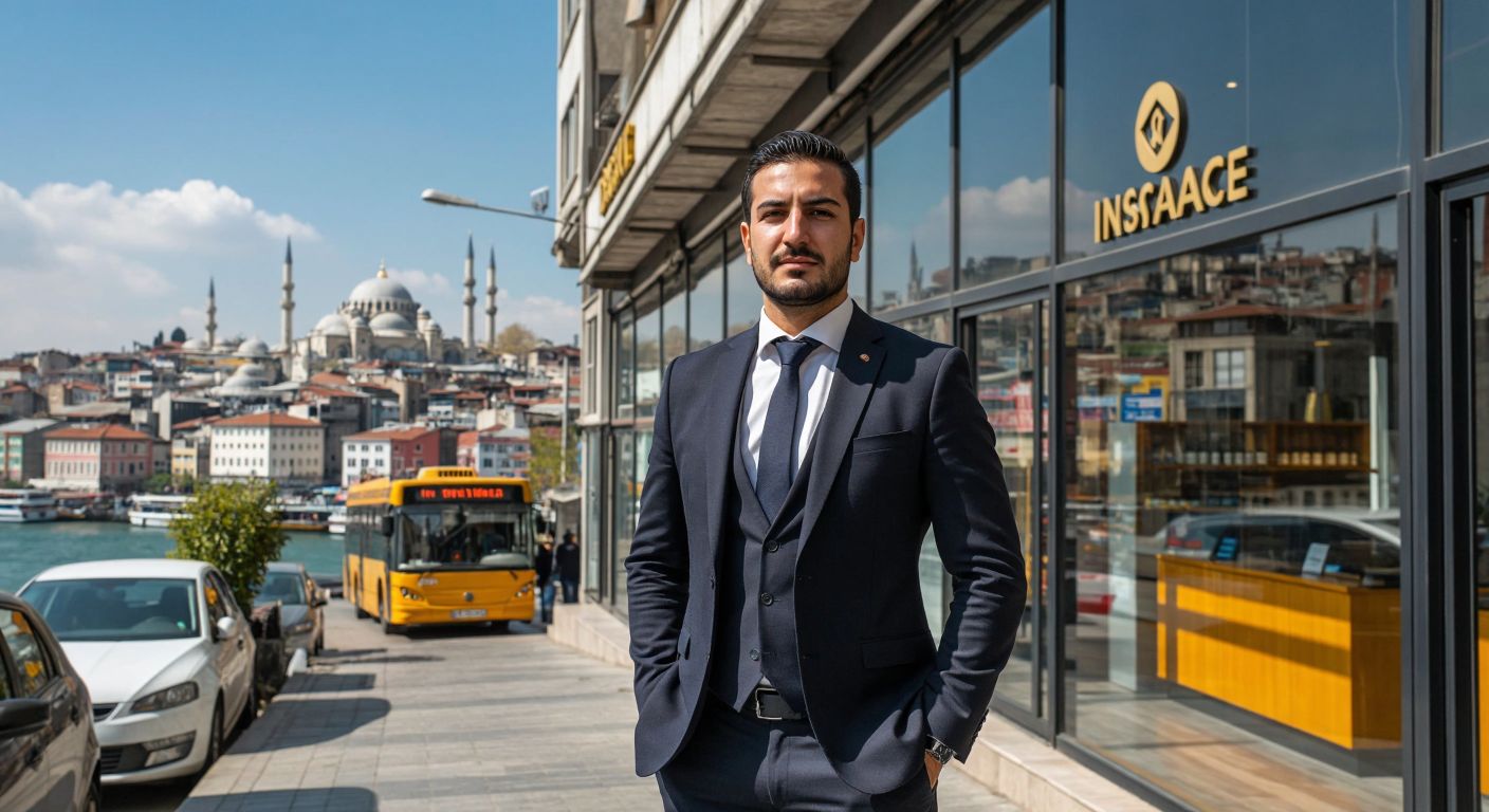 A confident Turkish businessman in a sharp suit stands proudly in front of a modern insurance office in Istanbul’s historic Fatih district, with the Golden Horn visible in the background.