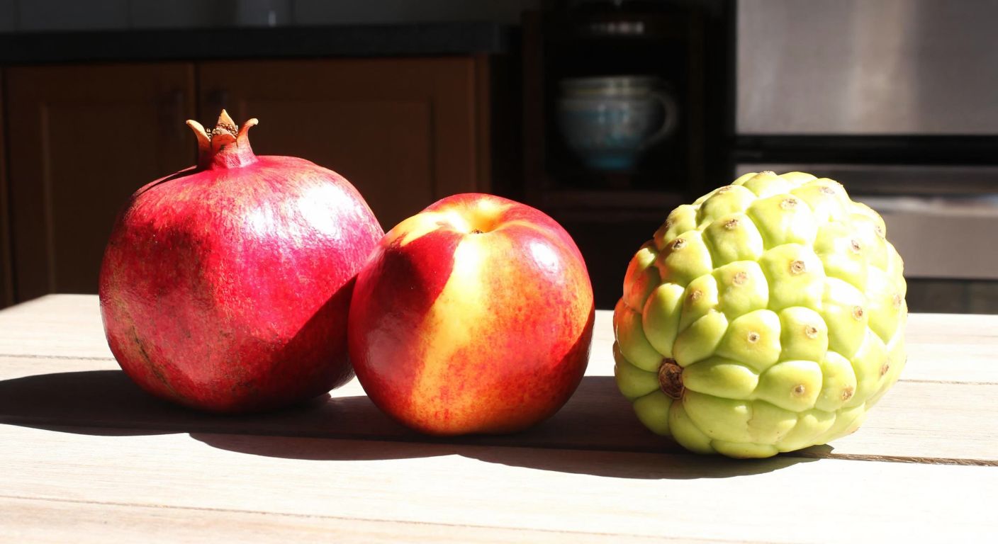 A vibrant still life of three fruits—a ruby-red pomegranate (nar), a golden-orange nectarine (nektarin), and a knobby yellow-green noni—arranged on a rustic wooden table against a sunlit Turkish kitchen backdrop.