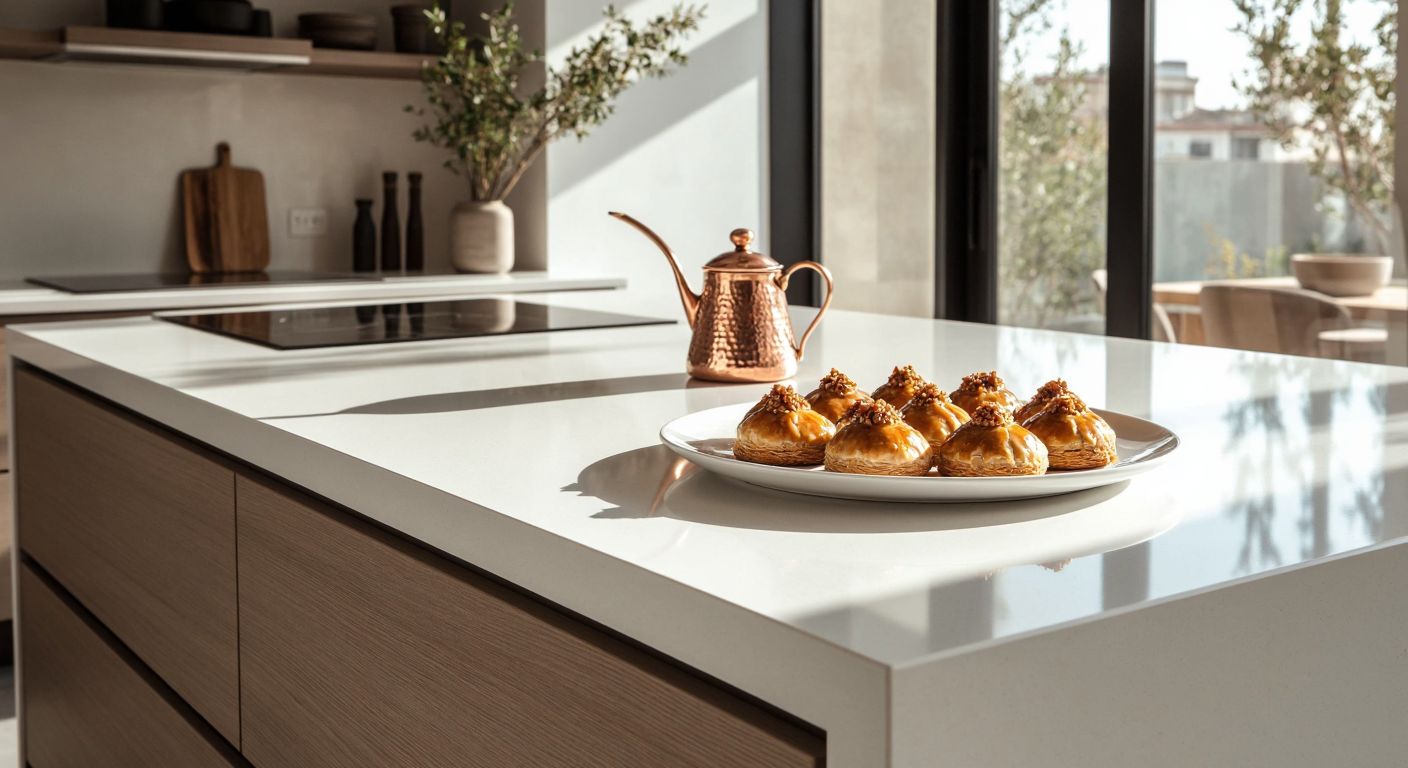 A sleek, glossy white Hanex acrylic countertop in a modern Turkish kitchen, reflecting sunlight from a nearby window, with a copper cezve and a plate of baklava placed on its smooth, seamless surface.