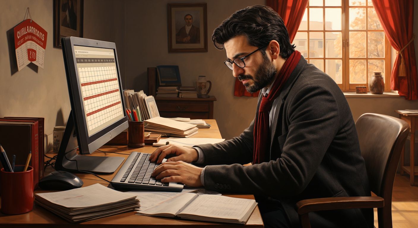 A Turkish teacher in a modest school office, focused while entering data on a computer, with a calendar on the desk showing October and December dates circled in red.