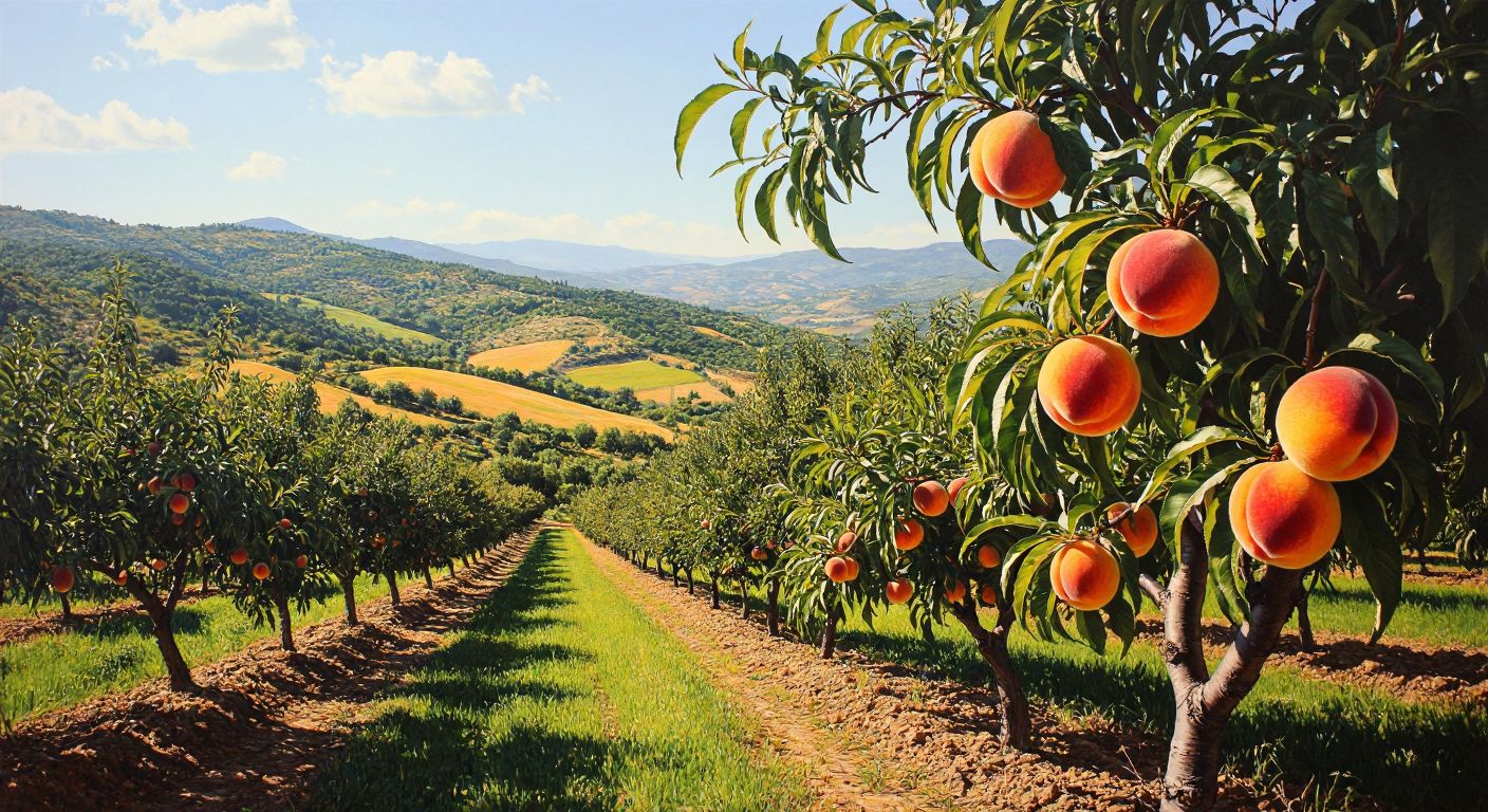 A sunlit orchard in Turkey’s Mediterranean region, with ripe, juicy peaches hanging from leafy branches against a backdrop of rolling green hills.