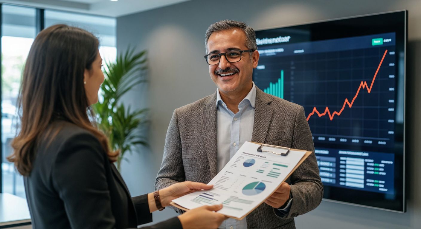 A middle-aged Turkish man in a business casual outfit stands in a modern bank office, holding a document with a relieved smile as a bank employee gestures toward a digital display showing a growing financial graph.  

(Note: The digital display is implied to show a graph without labels or numbers, adhering to the constraints.)