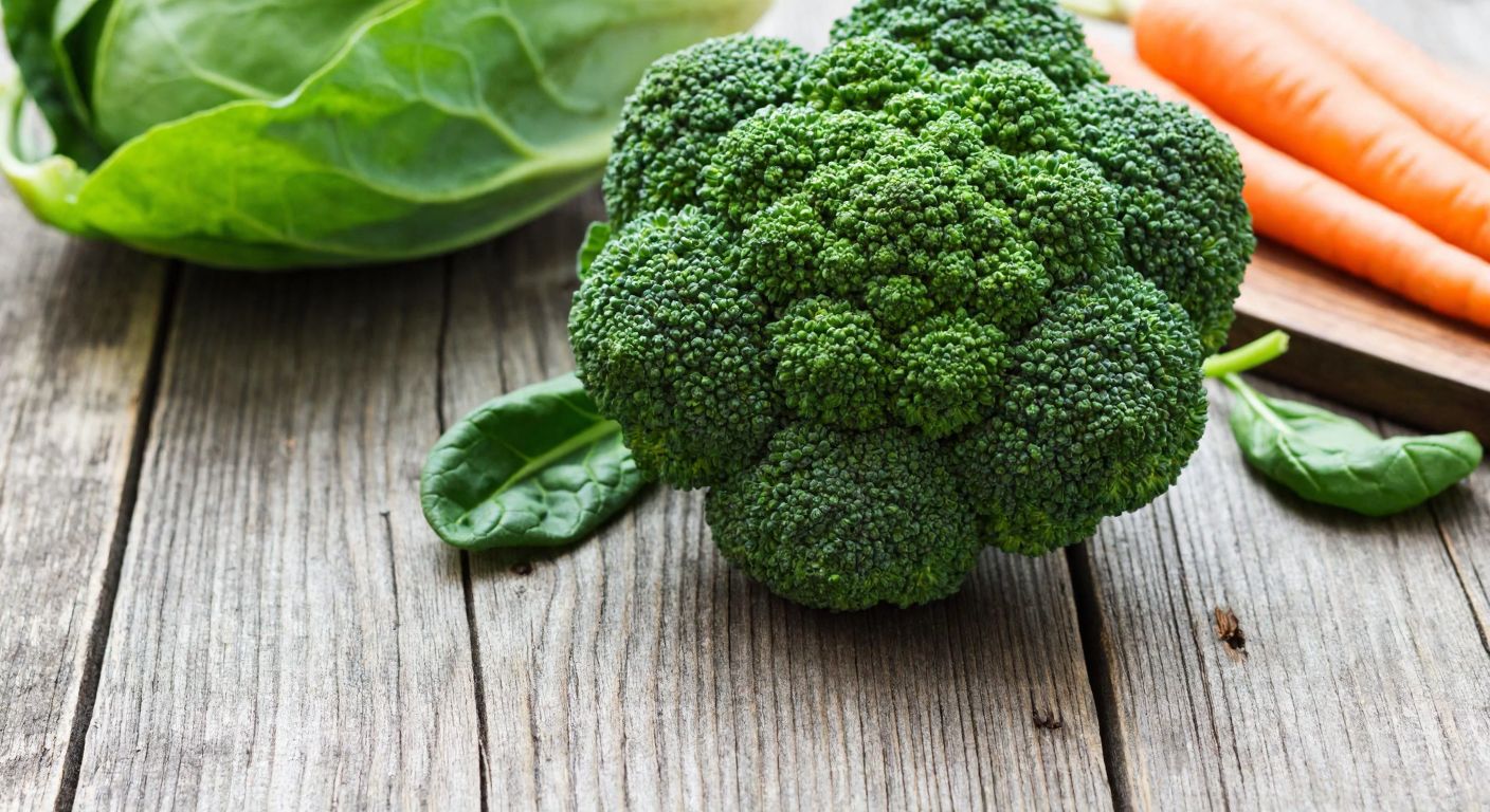 A vibrant green broccoli floret resting on a rustic wooden table, surrounded by fresh vegetables like carrots and spinach, evoking a sense of health and natural abundance.