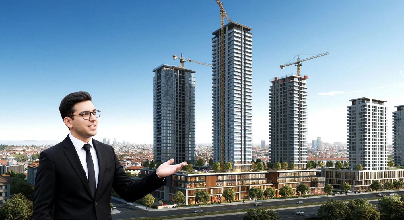 A modern urban skyline in Istanbul with sleek high-rise buildings under construction, reflecting the Piyalepaşa project's scale, while a professional in a business suit stands nearby, gesturing toward the development with a confident expression.