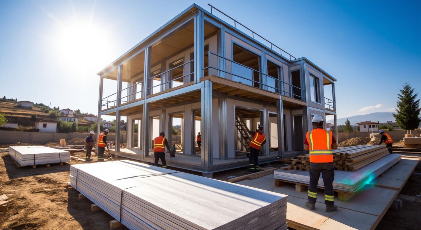 A modern steel-framed house under construction in Turkey, with workers assembling prefabricated panels, stacks of high-quality steel beams nearby, and insulation materials laid out under a bright sun.