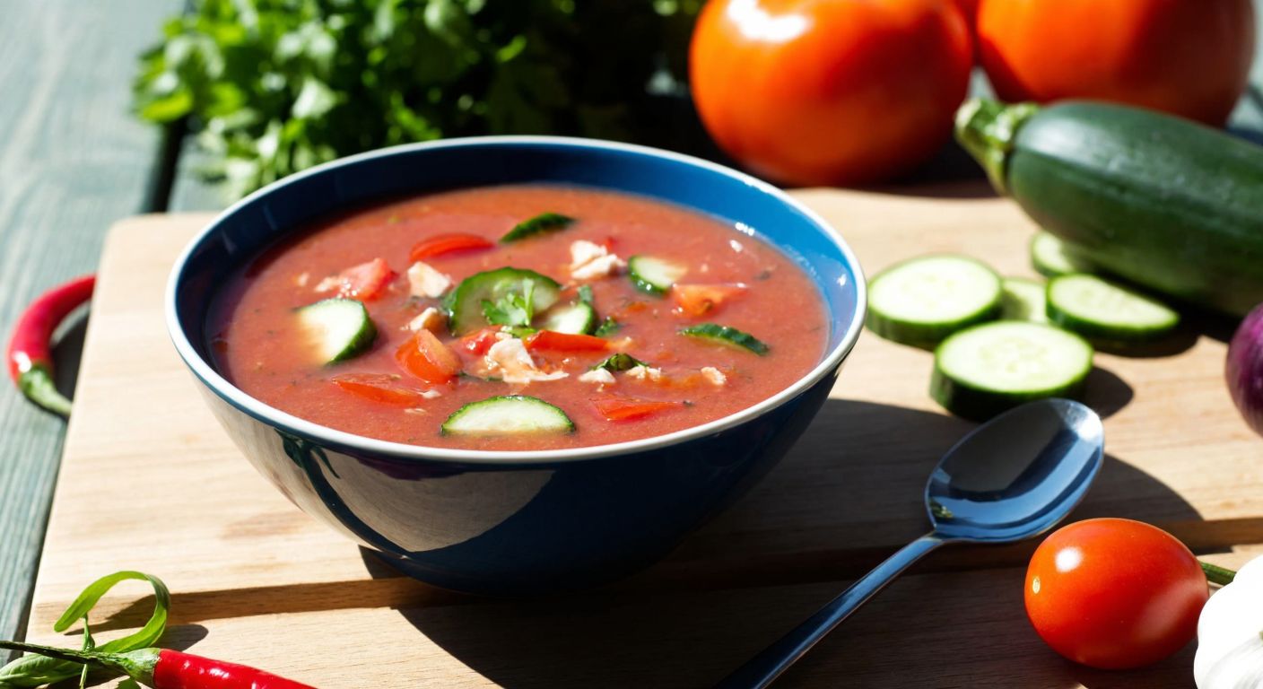 A vibrant bowl of chilled gazpacho soup, filled with fresh tomatoes, cucumbers, and peppers, sits on a rustic wooden table under warm Spanish sunlight, surrounded by ripe vegetables and fresh herbs.