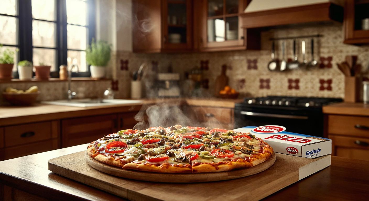 A steaming hot **Guseppe Supreme pizza** with melted cheese and colorful toppings sits on a wooden table in a cozy Turkish kitchen, while a **Dr. Oetker-branded pizza box** rests nearby.