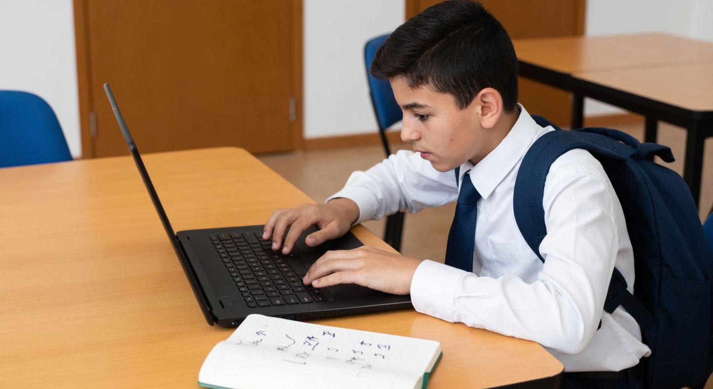 A young Turkish student in a school uniform sits at a wooden desk, typing on a laptop with a focused expression, while a notebook with a handwritten number lies open beside them.