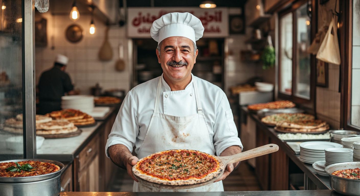 A middle-aged Turkish man with a warm smile, wearing a white apron and a chef's hat, stands proudly behind a counter in a bustling Istanbul eatery, holding a freshly baked lahmacun on a wooden paddle.