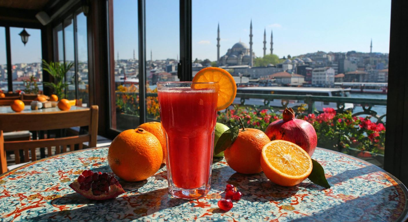 A vibrant glass of **Ü** fruit juice on a sunlit table in a Turkish café, surrounded by fresh oranges and pomegranates, with a backdrop of Istanbul's skyline.